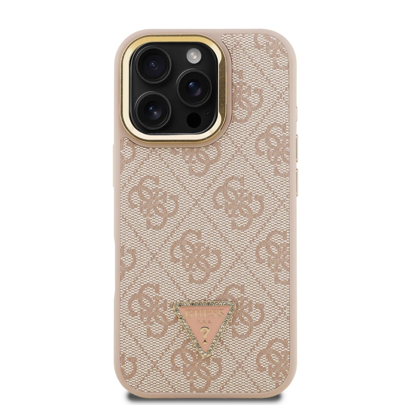 Guess PU 4G Strass háromszög logó állvány kamerakeret MagSafe hátlapi borító iPhone 16 Pro rózsaszínhez