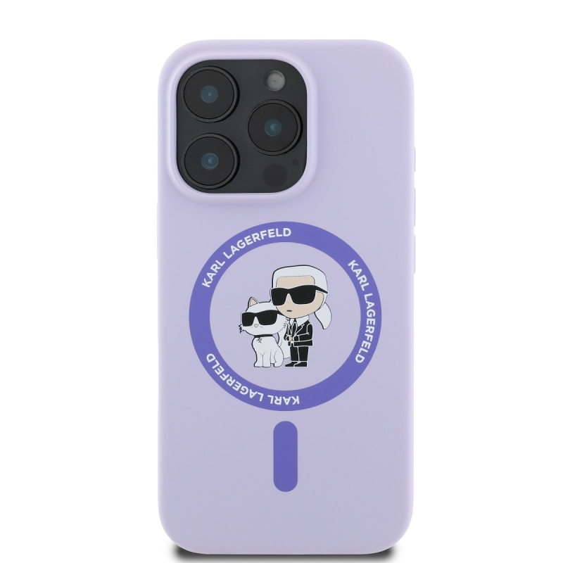 Karl Lagerfeld folyékony szilikon Karl és Choupette MagSafe hátlapi borító iPhone 16 Pro lila színhez