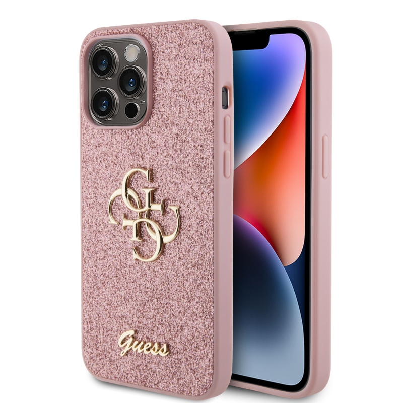 Guess PU Fixed Glitter 4G fém logós hátlap iPhone 15 Pro Max rózsaszínhez
