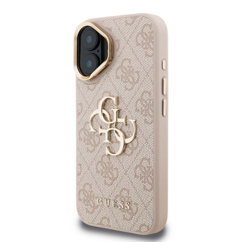 Guess PU 4G fém logó állvány kamerakeret hátlap iPhone 16 rózsaszínhez