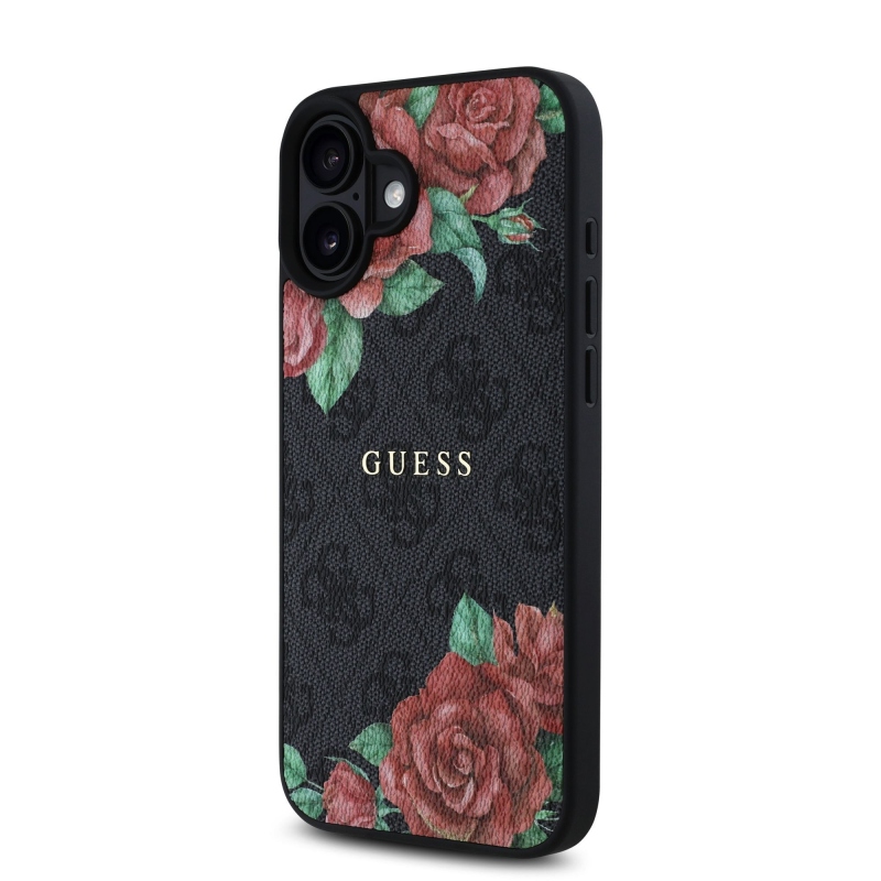 Guess PU bőr 4G rózsák MagSafe hátlap iPhone 16-hoz Fekete