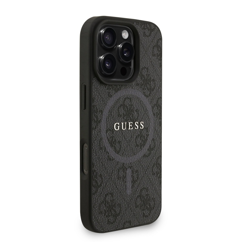 Guess PU bőr 4G színes gyűrűs pánt MagSafe hátlap iPhone 16 Pro Max-hoz fekete