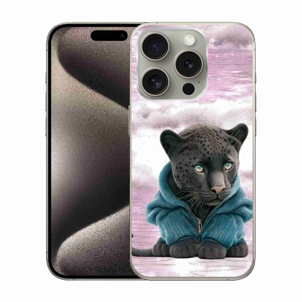 Zselés borítás mmCase iPhone 15 Pro készülékhez - fekete párduc pulóverben