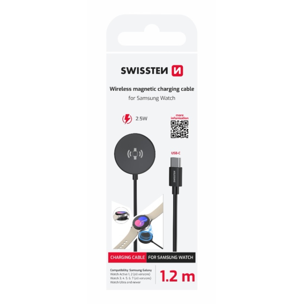 Swissten mágneses kábel Samsung Galaxy Watch-hoz, USB-C 1,2 m - fekete