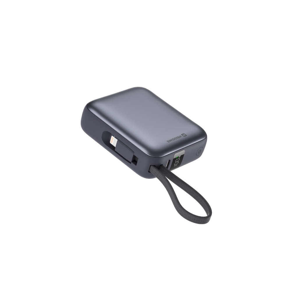 Swissten Powerbank integrált USB-C és Lightning kábelekkel, 10000 mAh - ezüst