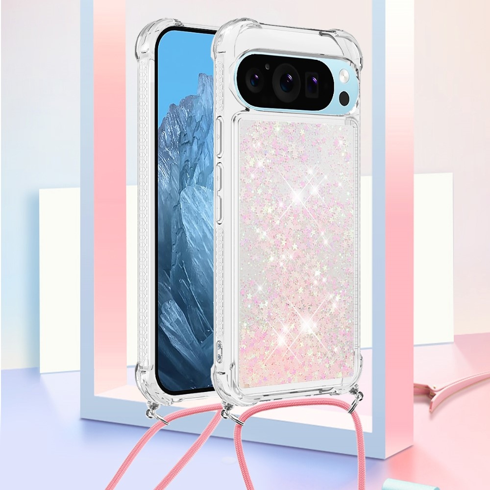 Csillogó homokóra zselés tok zsinórral a Google Pixel 10 Pro/Pixel 10 számára - rózsaszín/csillagok