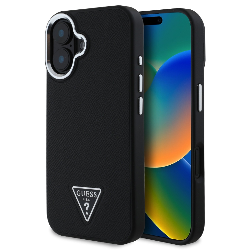 Guess PU szemcsés, háromszög alakú logós hátlap iPhone 16-hoz Fekete