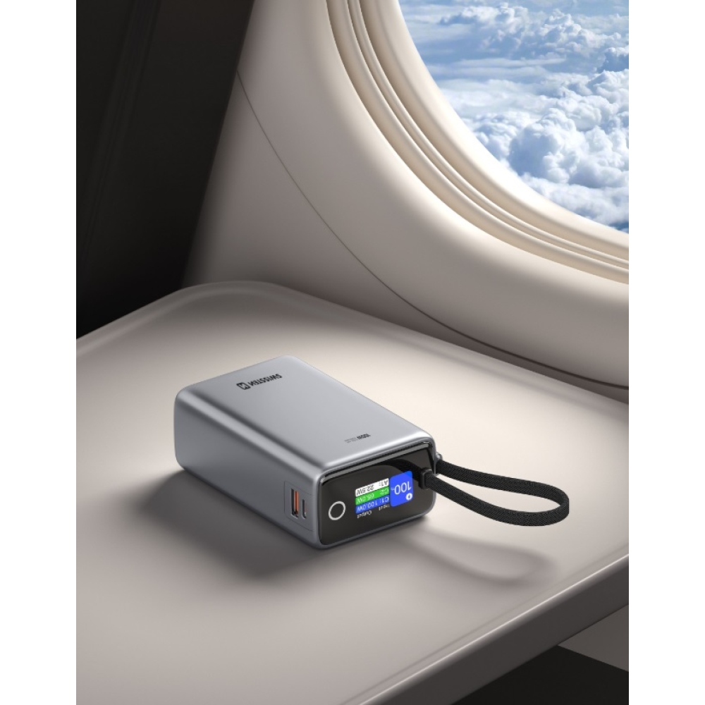 Swissten Travel Powerbank 25000 mAh (96.25Wh) 100 W integrált USB-C kábellel - szürke