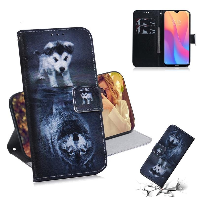 Patt PU bőr pénztárca tok Xiaomi Redmi 8A - kutya és farkas tükröződéssel