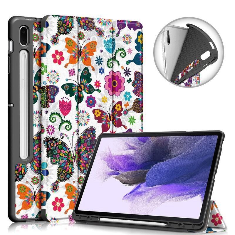 Patte okos PU bőr tablet tok Samsung Galaxy Tab S7 FE T736 - virágok és pillangók