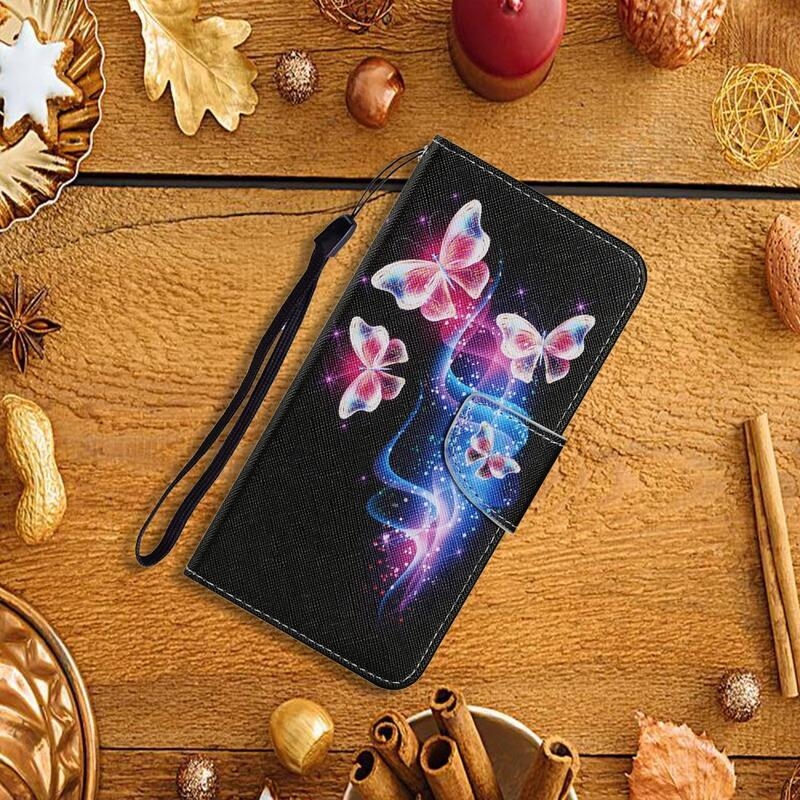 Patte pénztárca tok Samsung Galaxy A22 4G - rózsaszín és kék neon pillangókhoz
