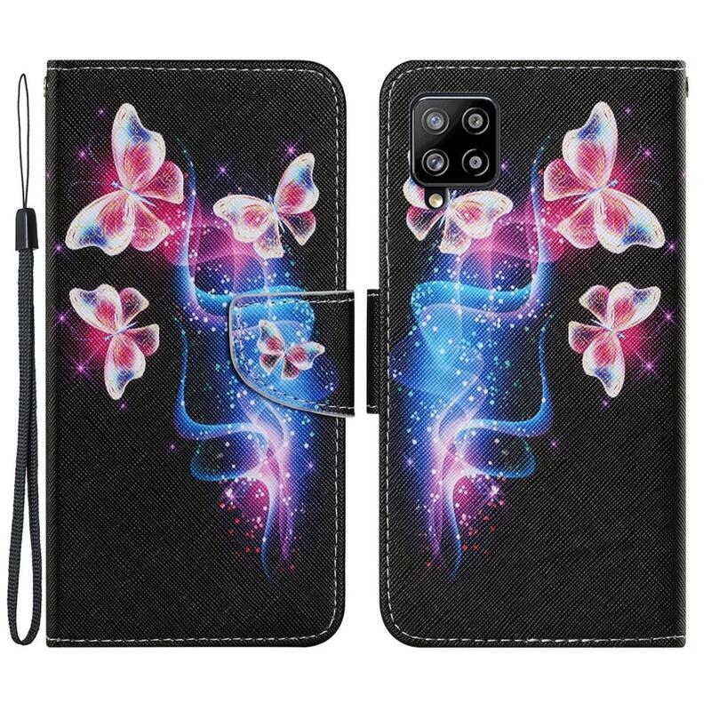 Patte pénztárca tok Samsung Galaxy A22 4G - rózsaszín és kék neon pillangókhoz