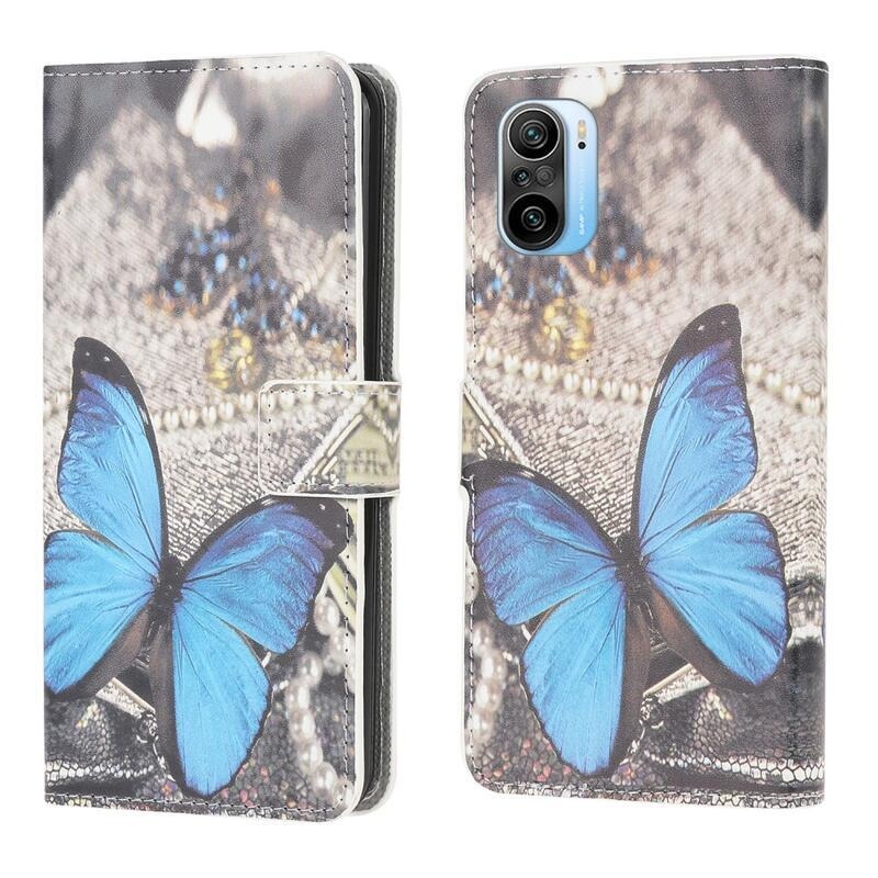 Patte pénztárca tok Xiaomi Poco F3-hoz - kék pillangó