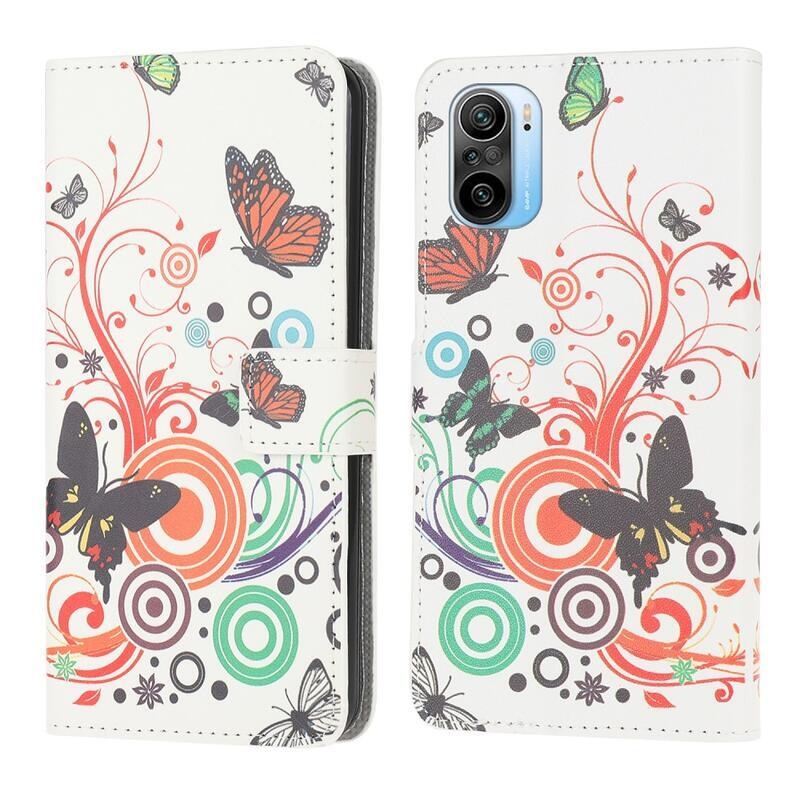 Patte pénztárca tok Xiaomi Poco F3-hoz - pillangók és színes háttér