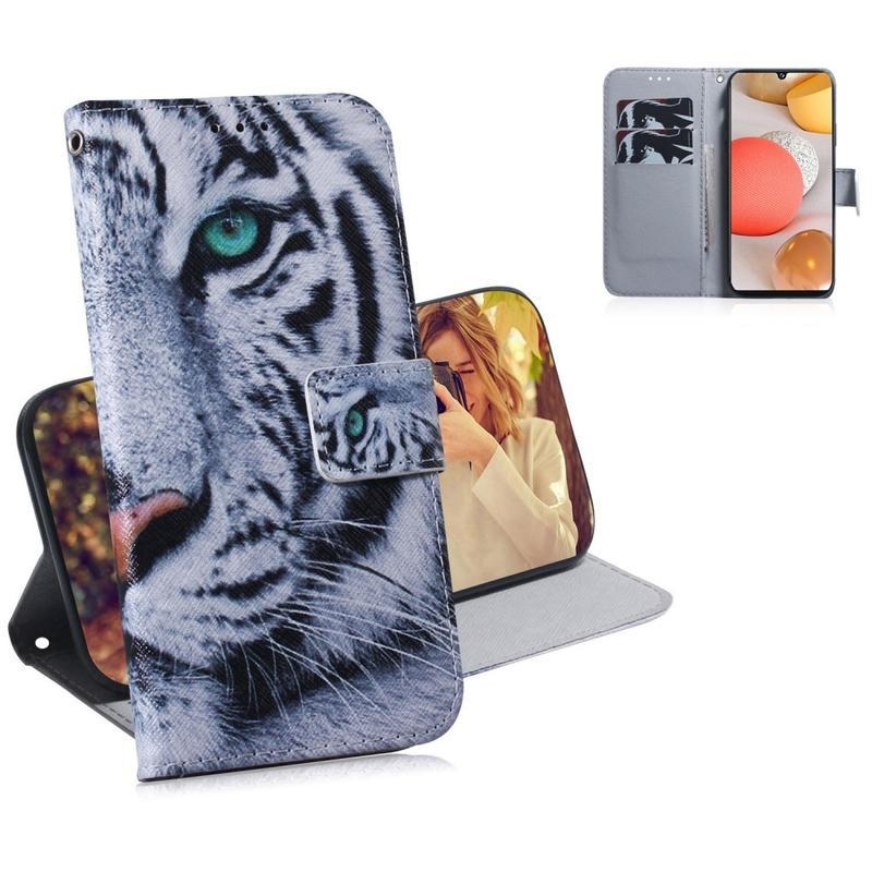 Patte PU bőr pénztárca tok Samsung Galaxy A42 5G-hez - fehér tigris