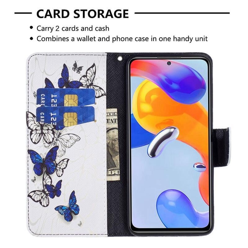 Patte PU bőr pénztárca tok Xiaomi Poco M4 Pro 4G - fehér és kék pillangókhoz