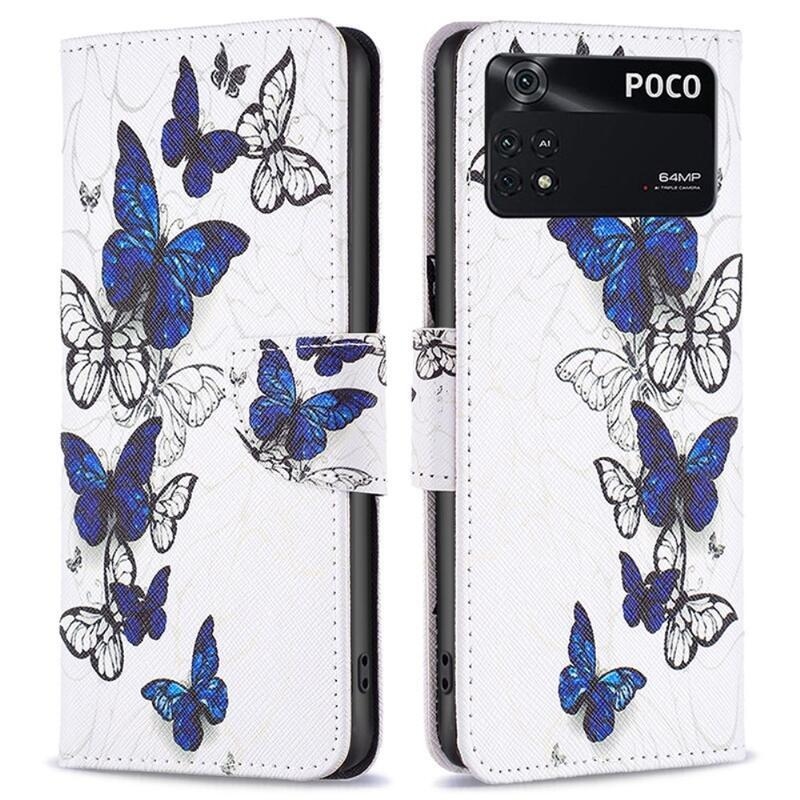 Patte PU bőr pénztárca tok Xiaomi Poco M4 Pro 4G - fehér és kék pillangókhoz
