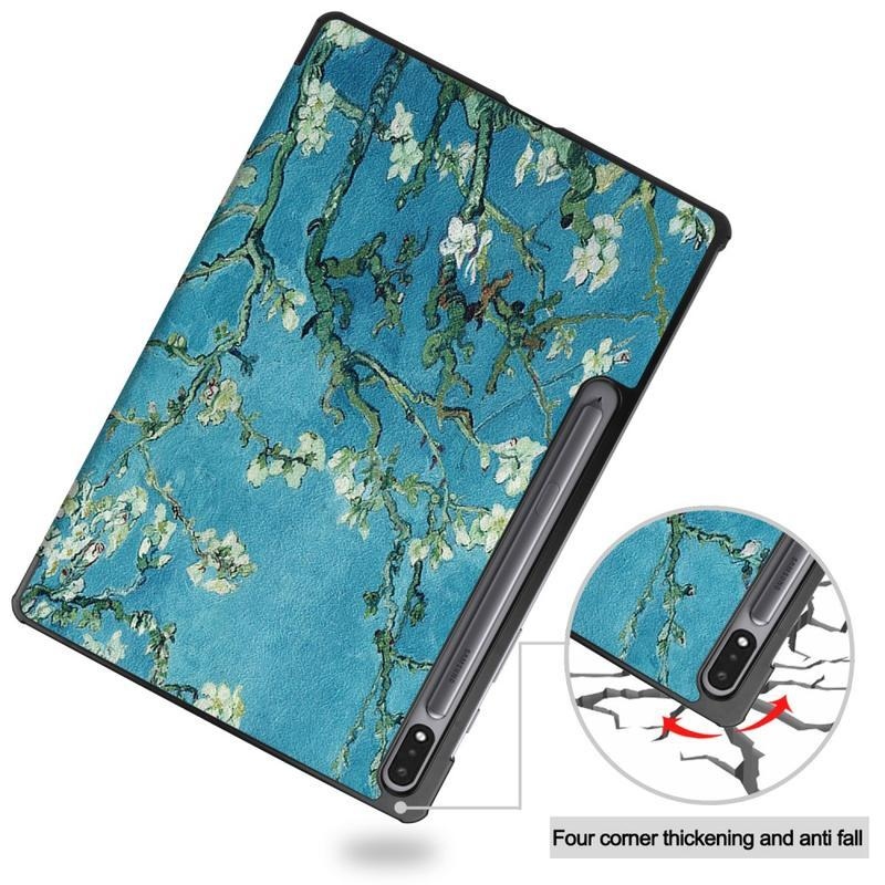 Patte PU bőr pénztárca tok tablethez Samsung Galaxy Tab S7 Plus - fa virágokkal