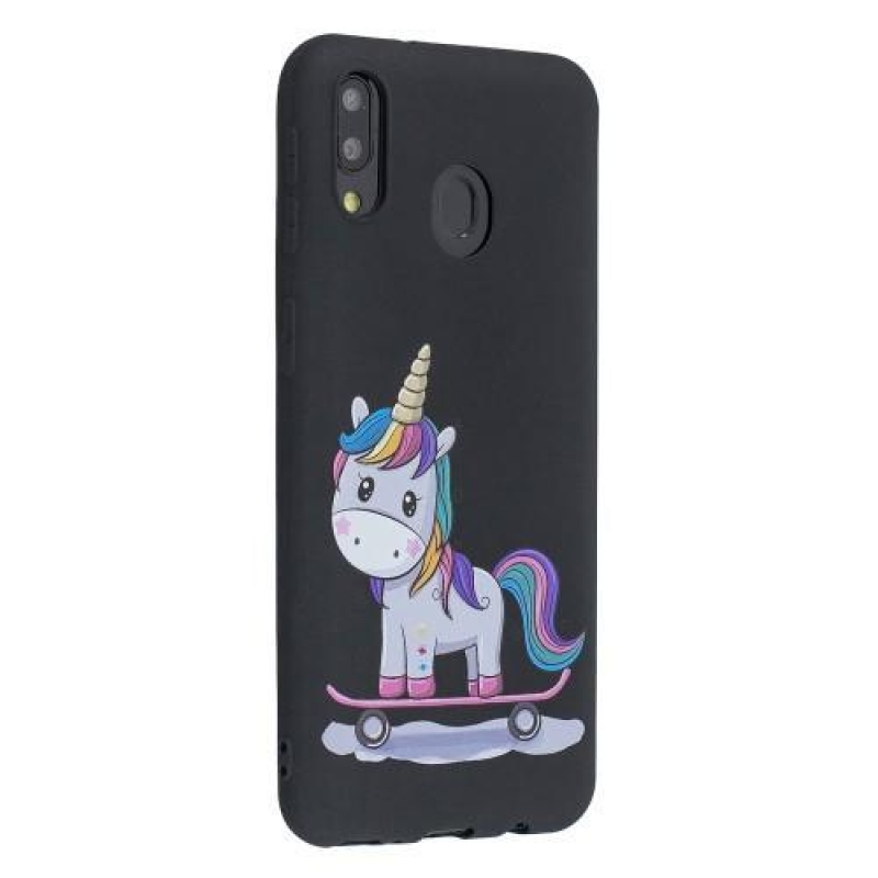 Mintás matt zselés tok Samsung Galaxy M20-hoz - fekete / egyszarvú
