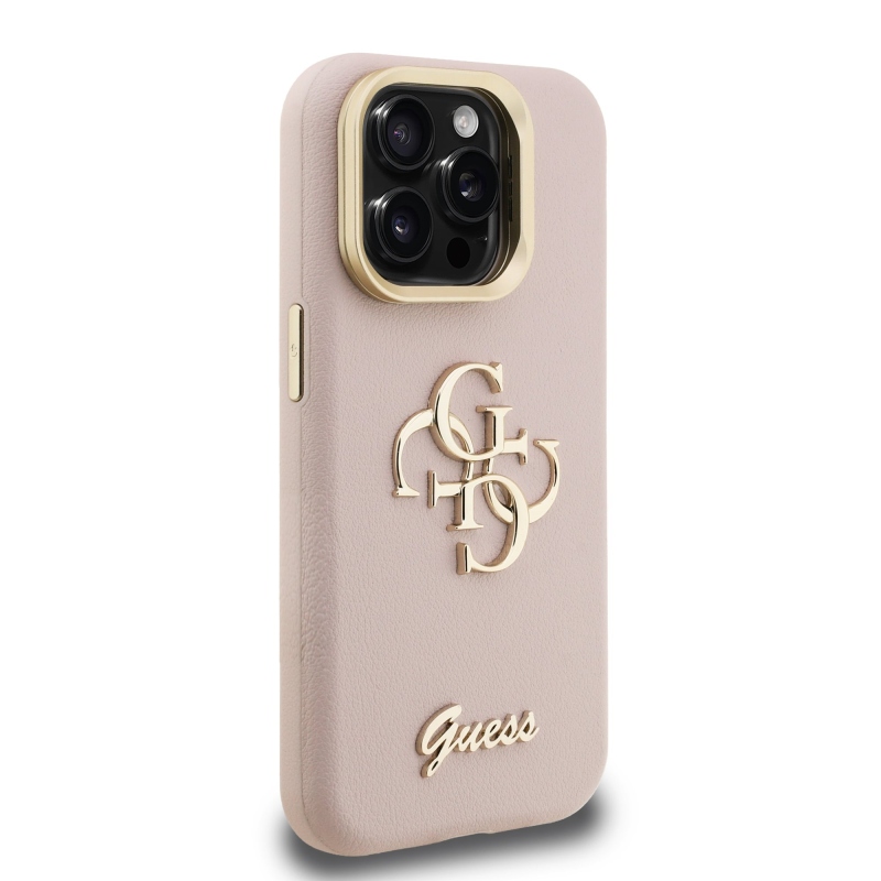 Guess PU szemcsés 4G logós állvány kamerakeret hátlap iPhone 15 Pro Max rózsaszínű borítóhoz