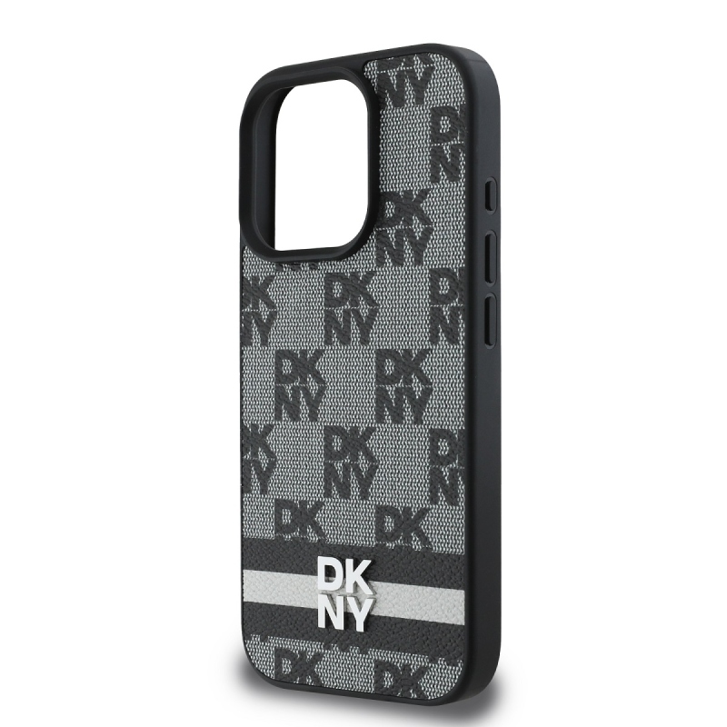 DKNY PU bőrből készült kockás mintás és csíkos hátlapi borító iPhone 16 Pro Max-hoz Fekete