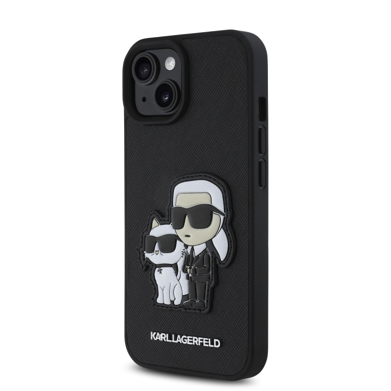 Karl Lagerfeld PU Saffiano Karl és Choupette hátlap iPhone 15-hez Fekete