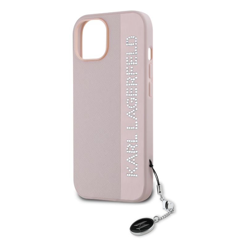 Karl Lagerfeld PU Saffiano strasszos varázslatos hátsó borító iPhone 15 rózsaszínű készülékhez