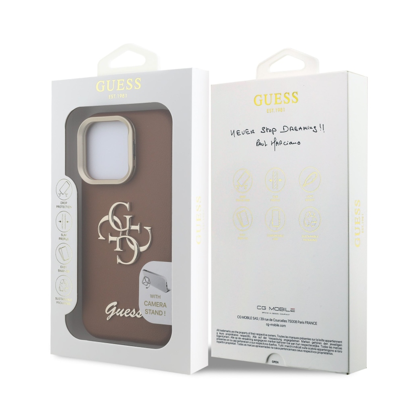 Guess PU szemcsés 4G Logo Stand Kamera keret hátlapi borító iPhone 15 Pro barna barna