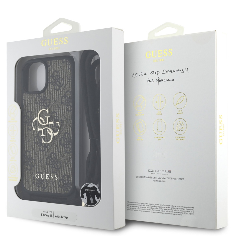 Guess PU 4G fém logó fém keresztpánt hátlapi borító iPhone 15-hez barna barna