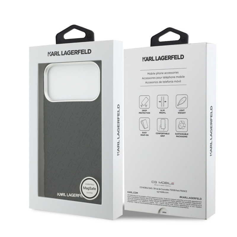 Karl Lagerfeld MagSafe hátlap, ismétlődő logóval, iPhone 17 Pro Max készülékhez, fekete, erezett PU mintával