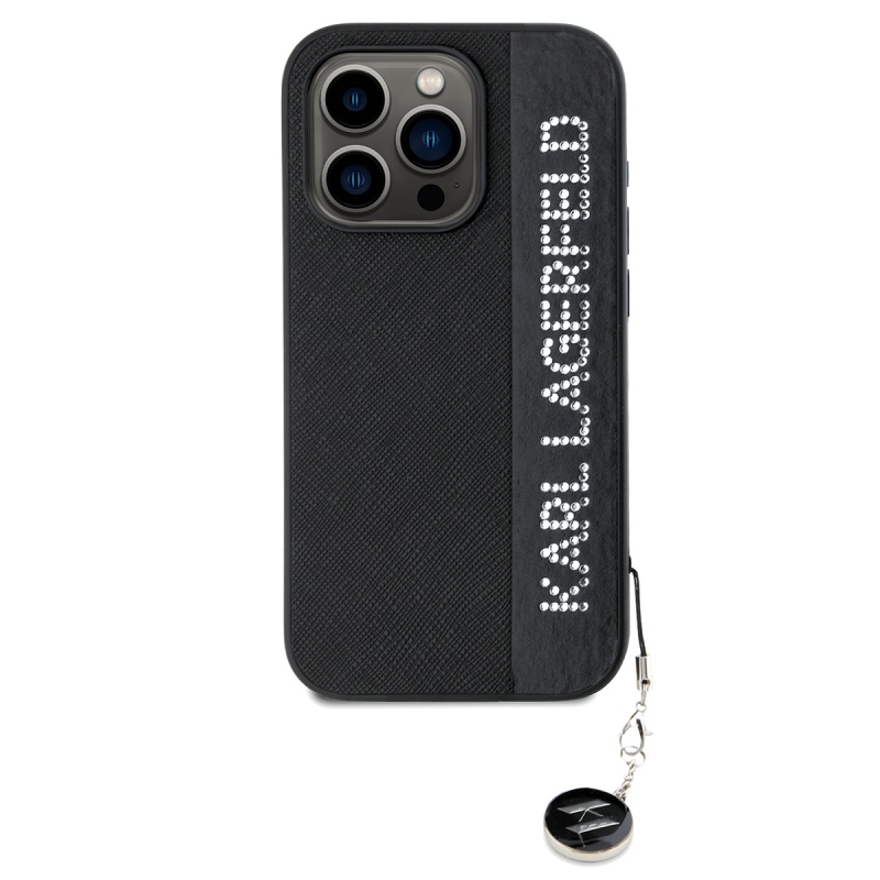 Karl Lagerfeld PU Saffiano strasszos varázslatos hátlap iPhone 15 Pro Max-hoz Fekete