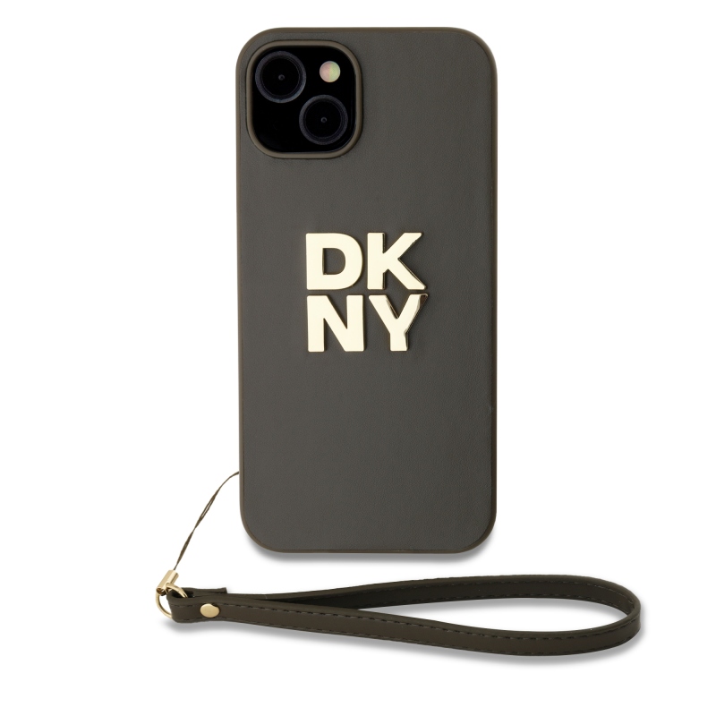 DKNY PU bőr Stack Logo csuklópánt hátlapi borító iPhone 13-hoz Barna