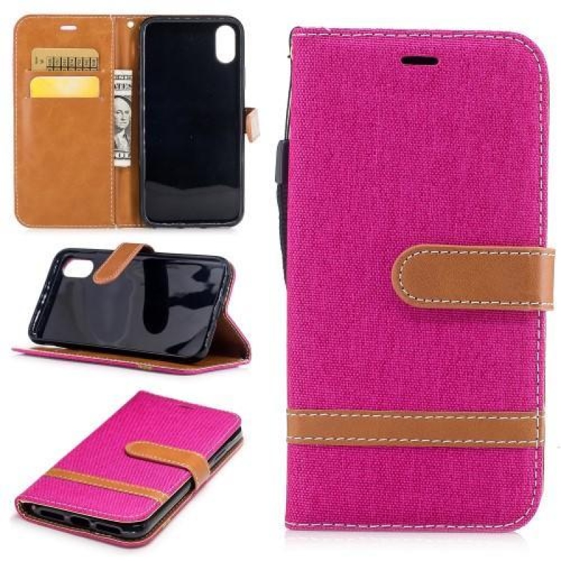 Tárca textil/PU bőr tok iPhone X készülékhez - rózsaszín