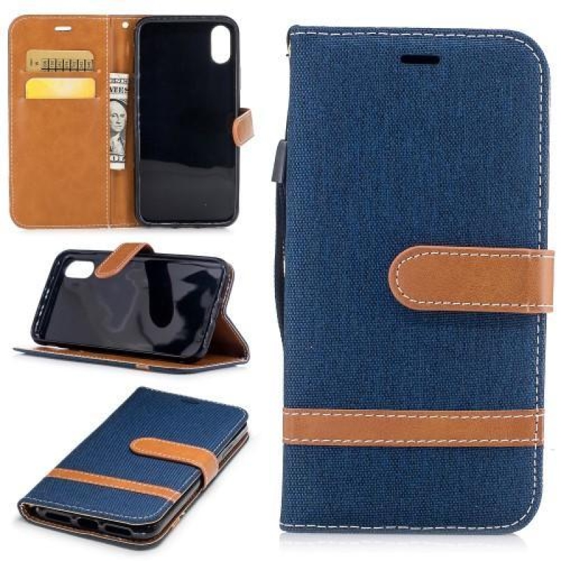 Textil/PU bőr tok iPhone X készülékhez - sötétkék