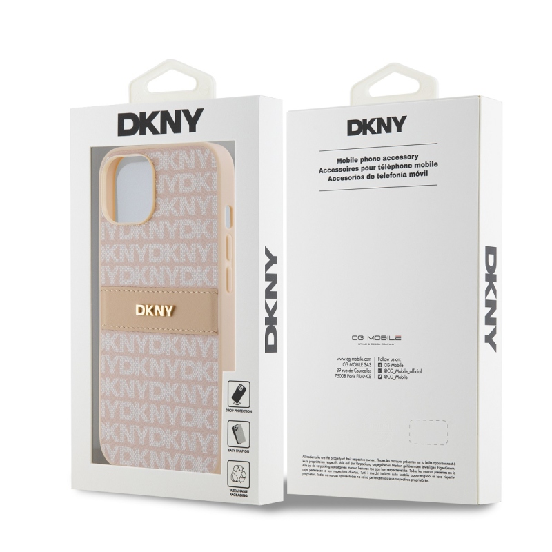 DKNY PU bőr ismétlődő mintás tonális csíkos hátlap iPhone 14 rózsaszínű iPhone 14-re