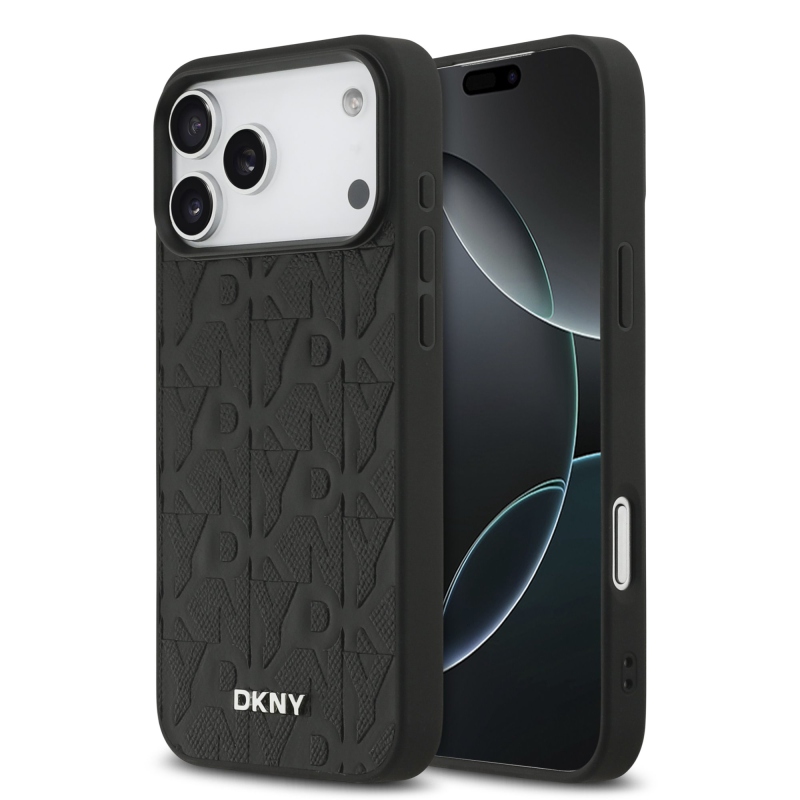 DKNY PU bőr rácsmintás Magsafe hátlap iPhone 17 Pro Max-hoz Fekete