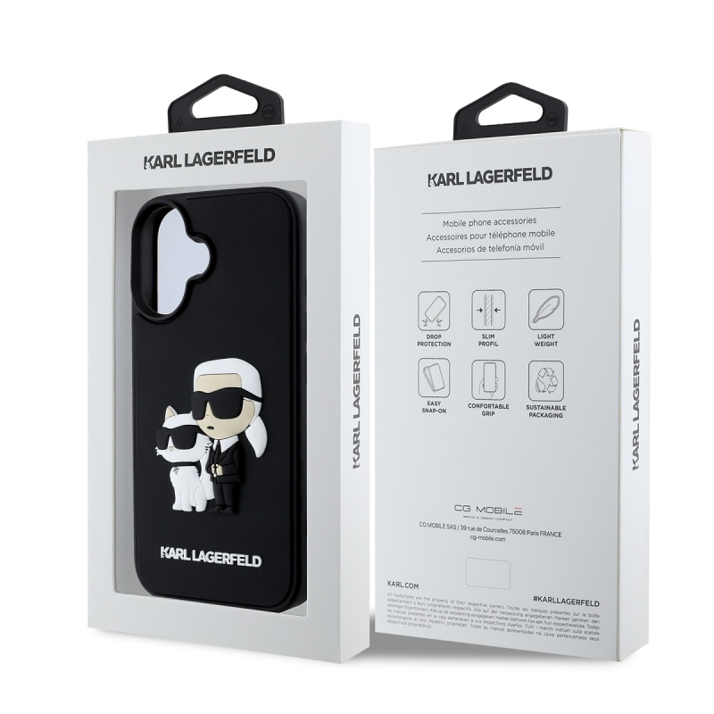 Karl Lagerfeld 3D gumiból készült Karl és Choupette hátlap iPhone 16 Plus készülékhez Fekete