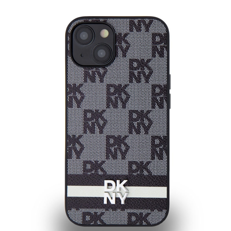 DKNY PU bőr kockás mintás és csíkos hátlapi borító iPhone 13-hoz Fekete