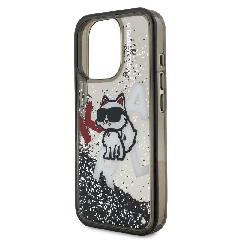 Karl Lagerfeld Folyékony csillámos, szórt csillogású Choupette hátlap iPhone 16 Pro Max-hoz Fekete