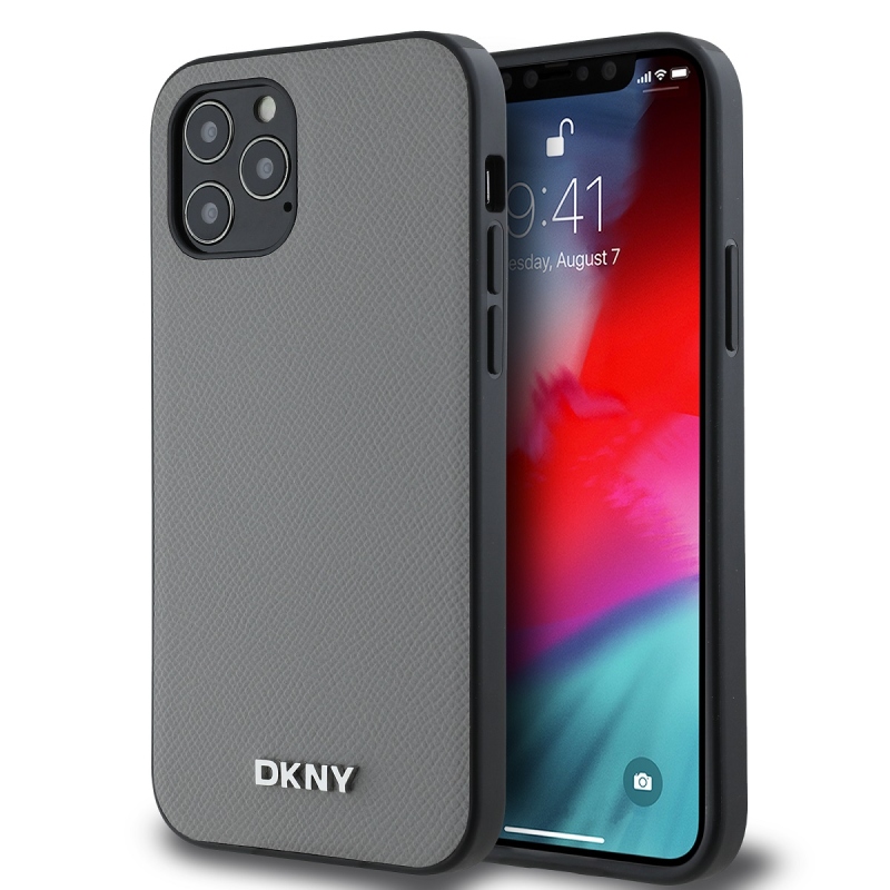 DKNY PU bőr ezüst fém logó Magsafe hátlap iPhone 12/12 Pro szürke szürkéhez
