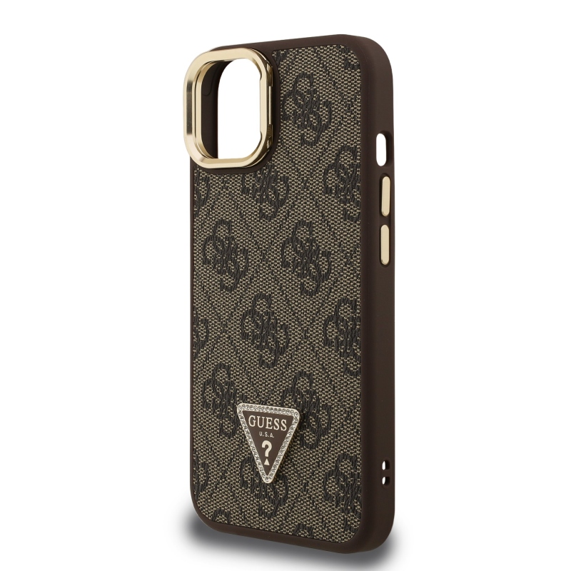 Guess PU 4G Strass háromszög logó állvány kamera keret MagSafe hátlapi borító iPhone 13 barna barna