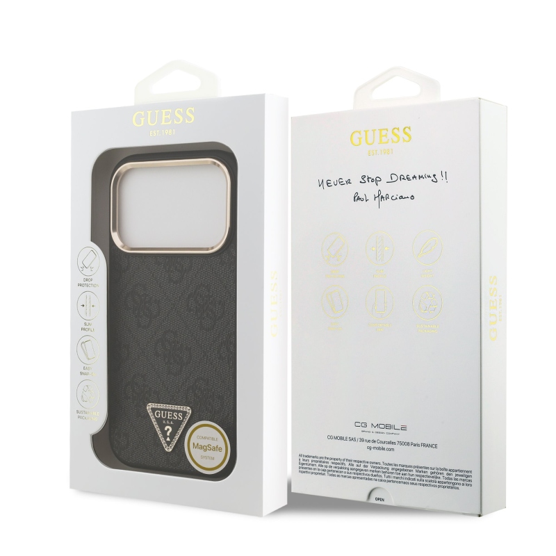 Guess PU bőr 4G Strass háromszög logó arany keret MagSafe hátlap iPhone 17 Pro Fekete fekete
