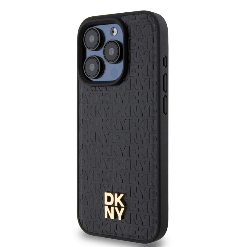 DKNY PU bőr Ismétlődő mintás Stack Logo Magsafe hátlap iPhone 14 Pro Fekete