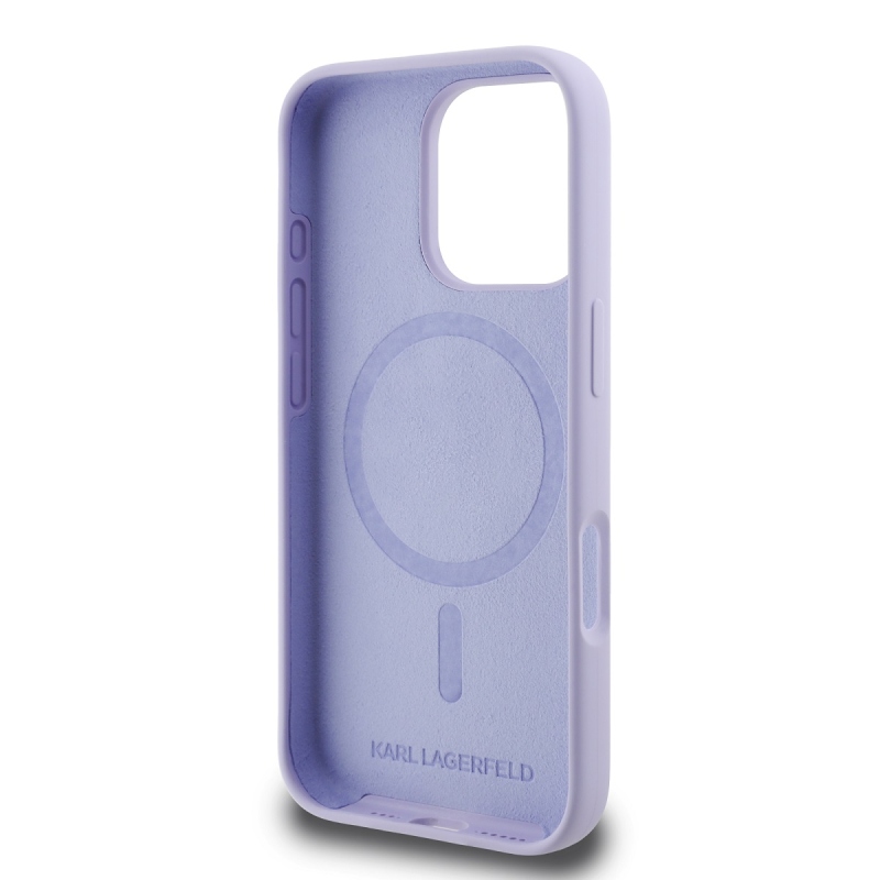 Karl Lagerfeld folyékony szilikon Karl és Choupette MagSafe hátlapi borító iPhone 16 Pro lila színhez