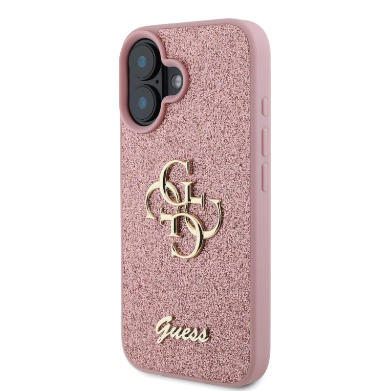 Guess PU Fixed Glitter 4G fém logós hátlap iPhone 16 rózsaszínhez