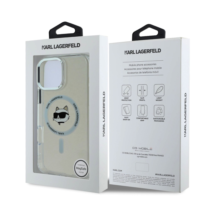 Karl Lagerfeld IML Choupette Head fémkeret MagSafe hátlapi borító iPhone 16 Pro Max-hoz Átlátszó