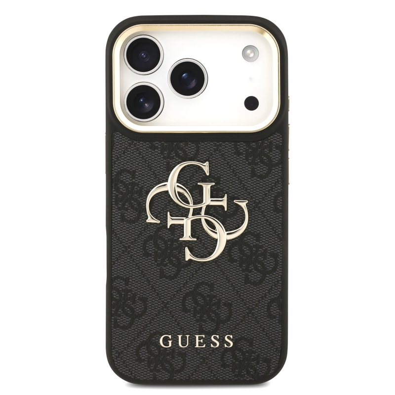 Guess PU bőr 4G fém logó arany keret hátlap iPhone 17 Pro fekete