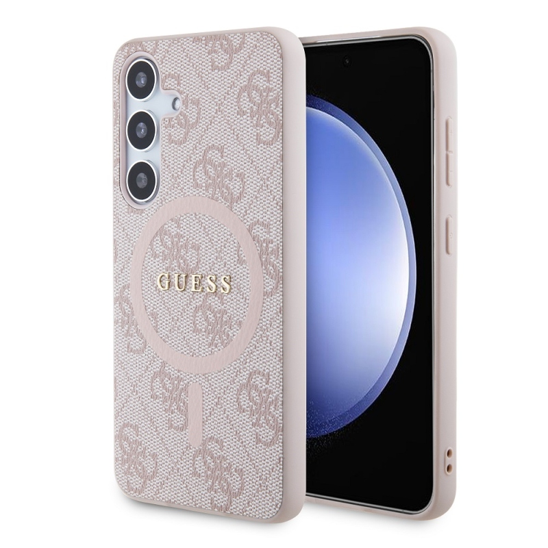 Guess PU bőr 4G színes gyűrűs MagSafe hátlap Samsung Galaxy S24 rózsaszínű borítóhoz