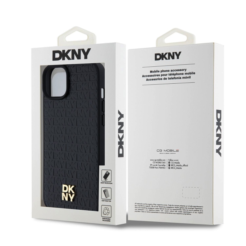 DKNY PU bőr Ismétlődő mintás Stack Logo Magsafe hátlap iPhone 15 Plus-hoz Fekete