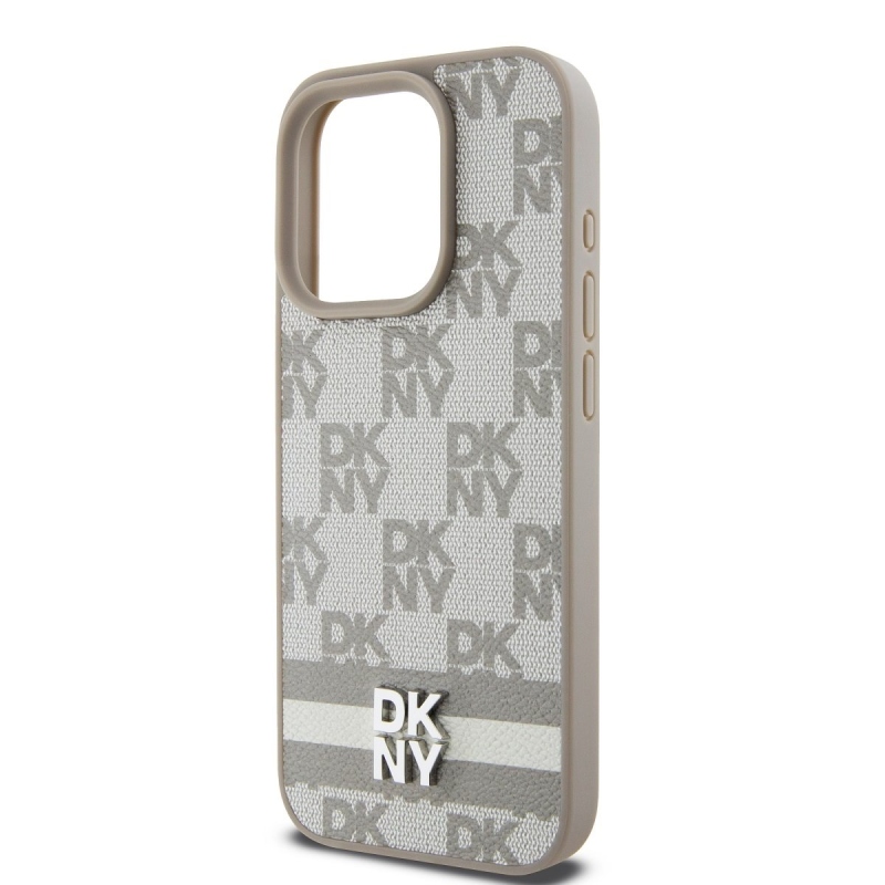 DKNY PU bőr kockás mintás és csíkos hátlapi borító iPhone 13 Pro Max bézs színű készülékhez